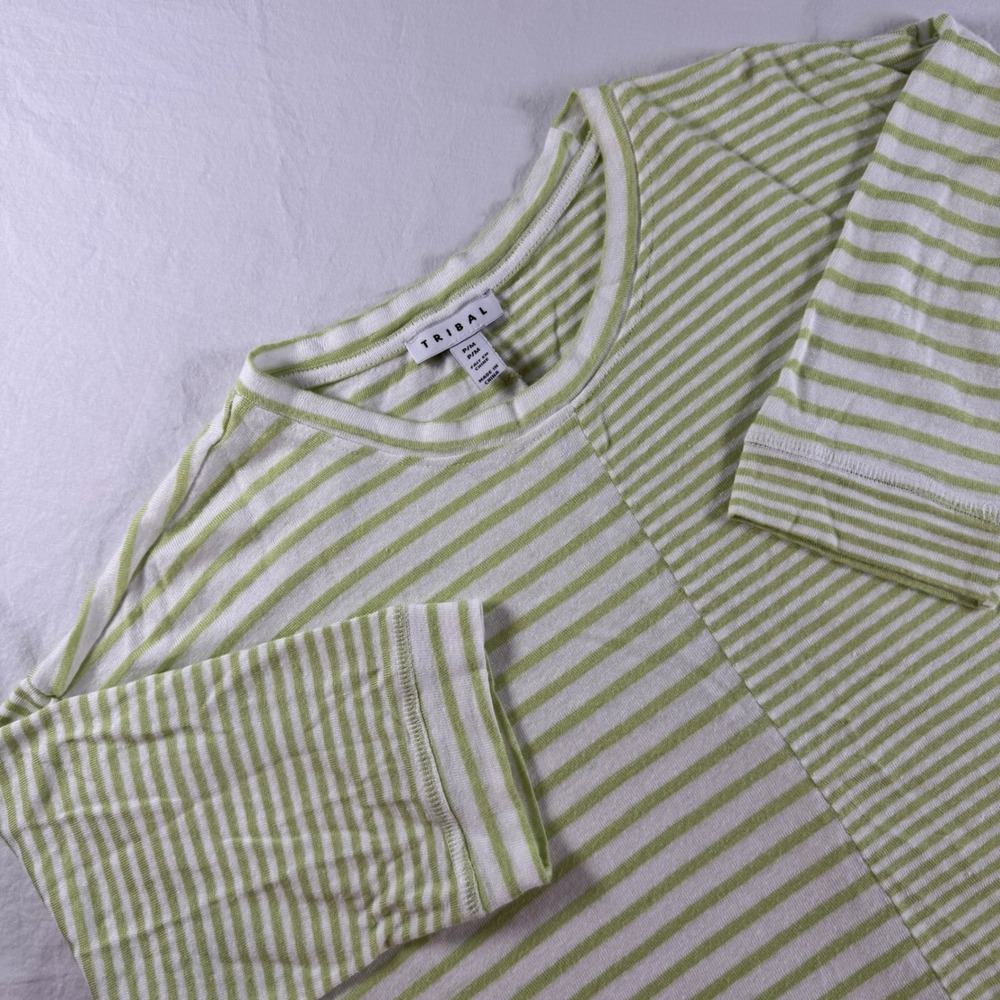 Tribal Women's Size M Green White Striped Linen Blend 3/4 Sleeve Top 4882AU-3492